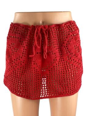 Memorial Day Red Open Crochet Knit Heart Tie Beach Cover Up Mini Skirt Size 2
